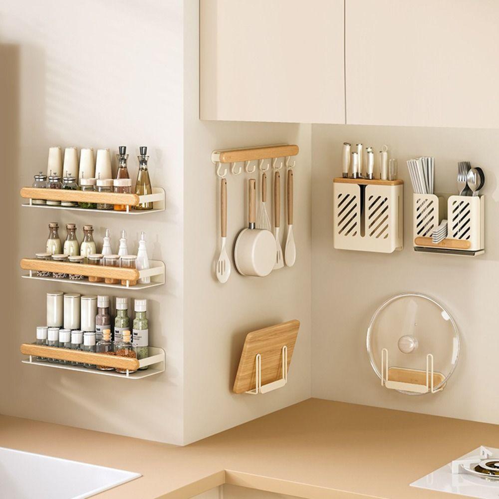 Wooden Material Spice Rack Shelf No Drill Installation Wall Storage Rack  Living Room Use