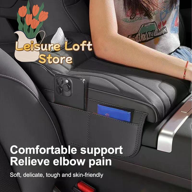 Car Center Console Armrest Cushion with Tissue Box Holder - Thickened Padding & Side Extension for Long-Drive Comfort