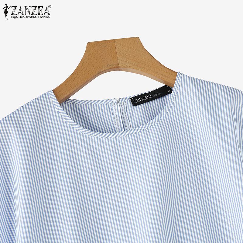 ZANZEA Женская повседневная свободная блузка в полоску с круглым вырезом и короткими — фото 7