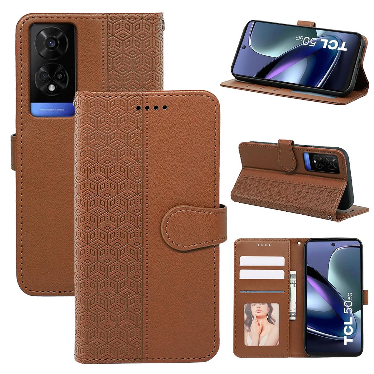 

Для TCL 50 5G чехол PU кожаный кубический сетчатый узор флип-книжка телефон кошелек чехол Brown