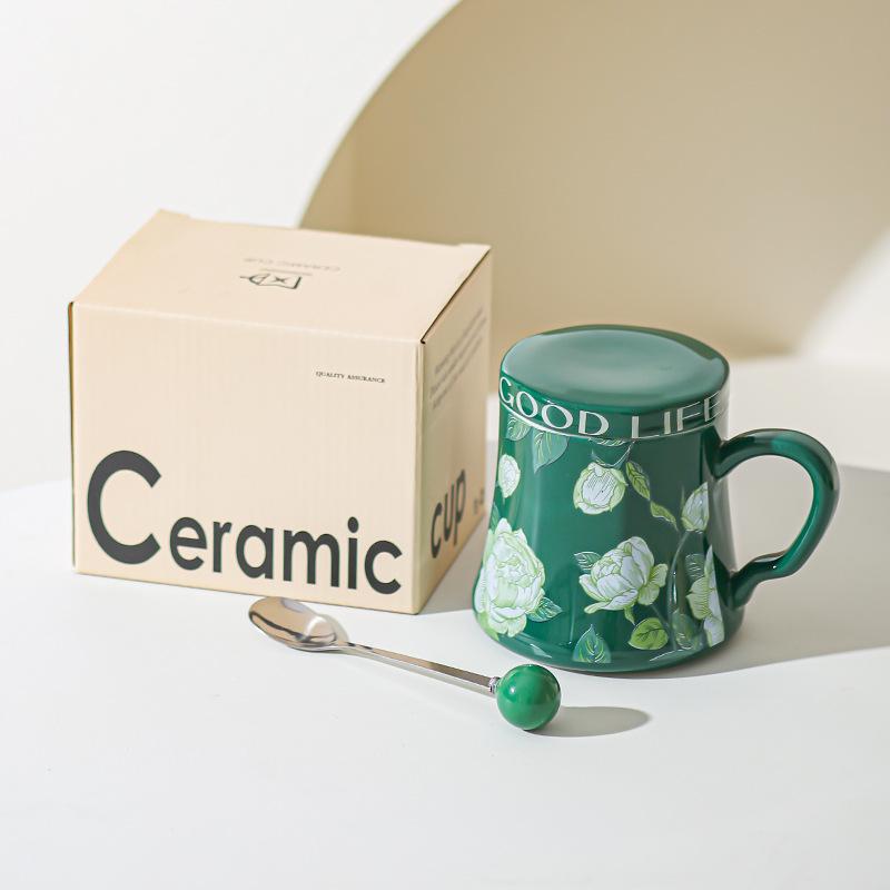 Lily of The Valley Ceramic Water Cup Home Office Large Capacity Coffee Cup Breakfast Cup with Lid Design Coffee Cup