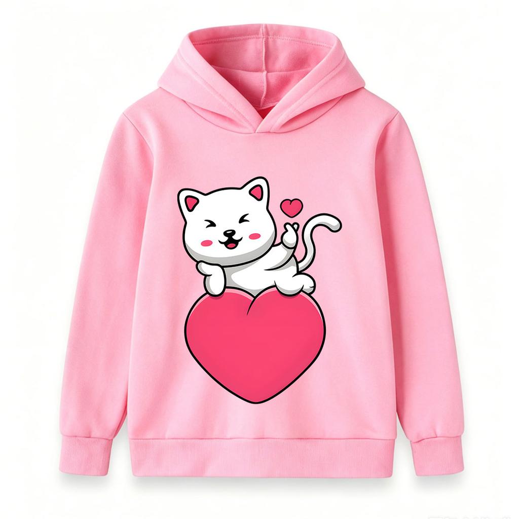 Kids Boys Girls Pullover Hoodie, Cute White Cat Blowing Kiss Print Warm Casual Hooded Sweatshirt for Daily Wear Gift for Cat Lovers, Soft