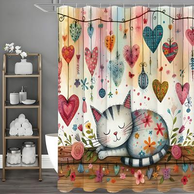 Cortina de ducha de gato de dibujos animados lindo amor flor y hierba, cortina de ducha decorativa para baño, cortina de ducha impermeable con ganchos