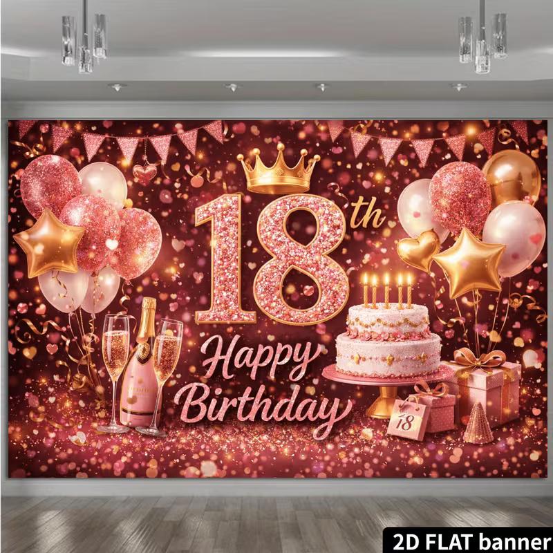 2D 18th Birthday Photography Background, Rose Gold Themed Party Backdrop Banner