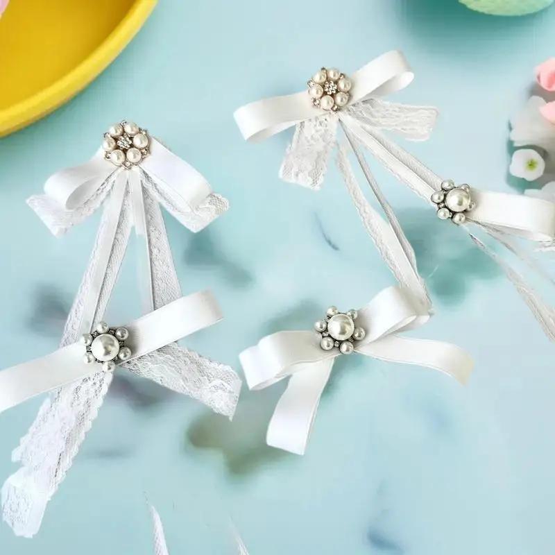 Fashion Black Lace Brooch Bow White Pearl Brooch Tie For Women Clothing Neckline Decoration Ribbon Tie Jewelry Accessories