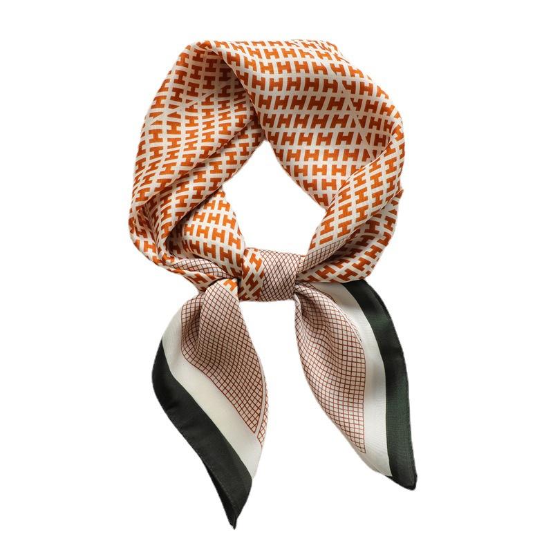 Letter H Foreign Style Silk Scarf Internet Celebrity Live Broadcast Popular Square Scarf Simple Versatile Scarf Simulation Silk Square Scarf 71cm Head