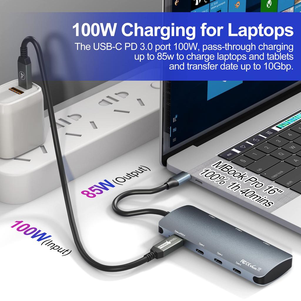 USB C To USB C Hub 10Gbps Gen2 3x 10Gbps 3x USB 10Gbps Ports 100W Power Delivery with 10Gbps Data Gen 2 Hub Adapter for MacBook C Devices 7-in-1 USB-C