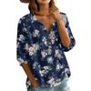 Women’s Floral Print Henley Neck Button Front Cotton Linen Blouse with Chest Pocket and Three Quarter Sleeves for Casual Wear