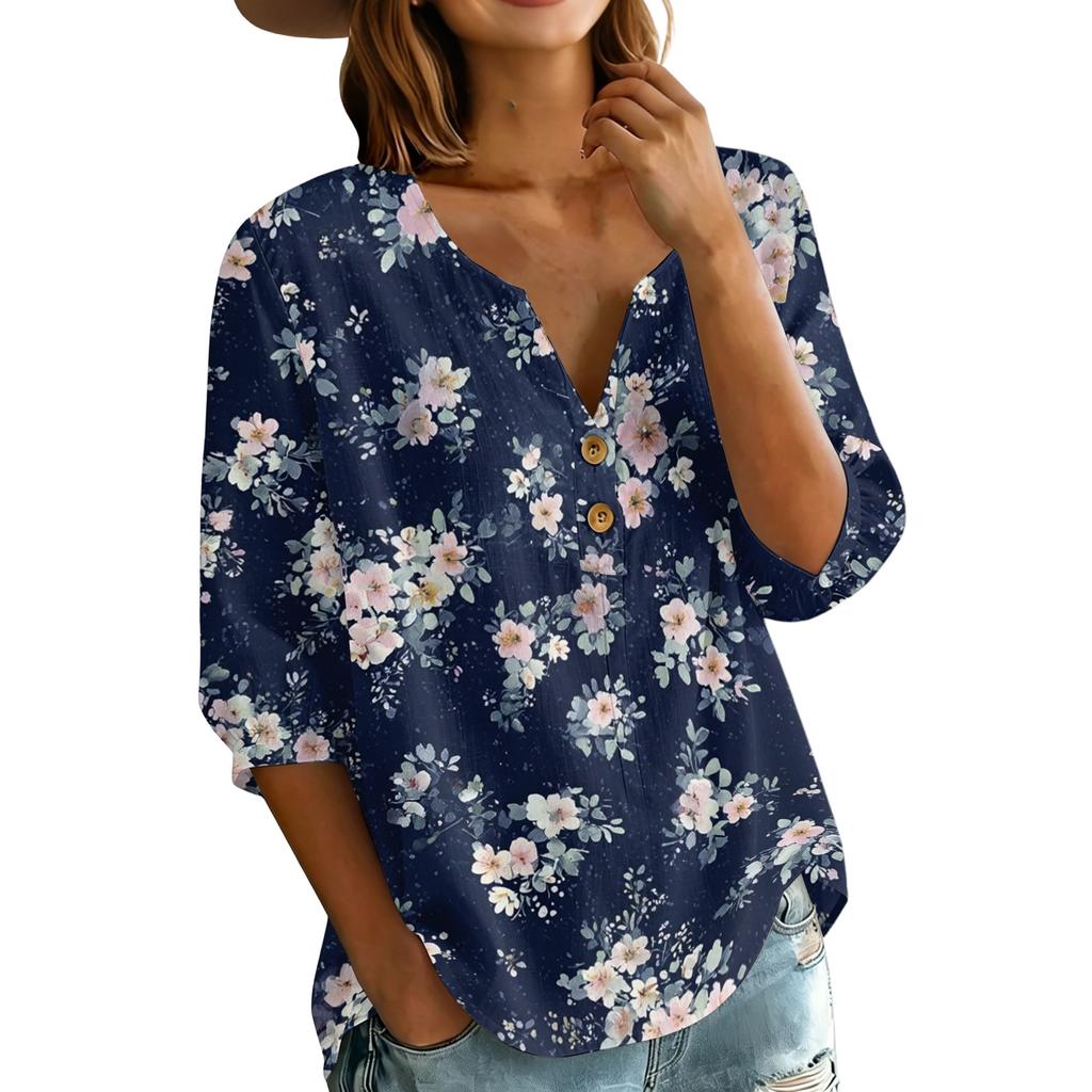 Women’s Floral Print Henley Neck Button Front Cotton Linen Blouse with Chest Pocket and Three Quarter Sleeves for Casual Wear