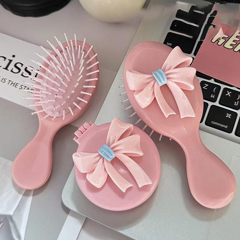Pink Round Folding Comb With Mirror Portable Bow Decor Anti Static Pocket Hair Brush Cartoon Princess Style Handle Comb Girl