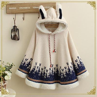 Women Girls Cloak Coat Winter Fleece Cute Rabbit Ears Hooded Printed Loose Poncho
