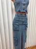 Trendy Sexy Denim Set: Zipper Spaghetti Strap Top & Split Long Skirt with Pockets