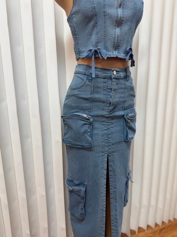 Trendy Sexy Denim Set: Zipper Spaghetti Strap Top & Split Long Skirt with Pockets