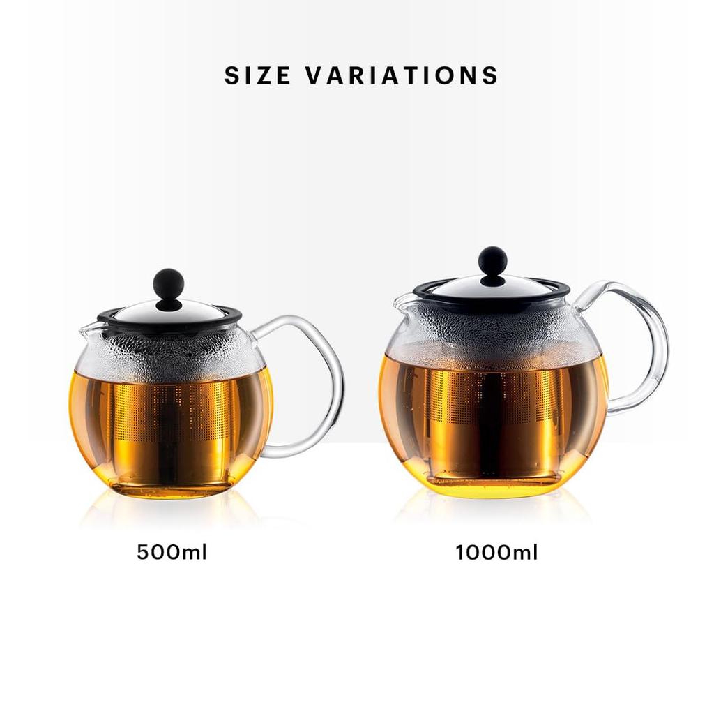 BODUM Teapot Tea Maker ASSAM Tea Press 1000ml Silver Black Tea Green Tea Chinese Tea Herbal Tea Fruit Tea Stainless Filter Glass Beaker Over