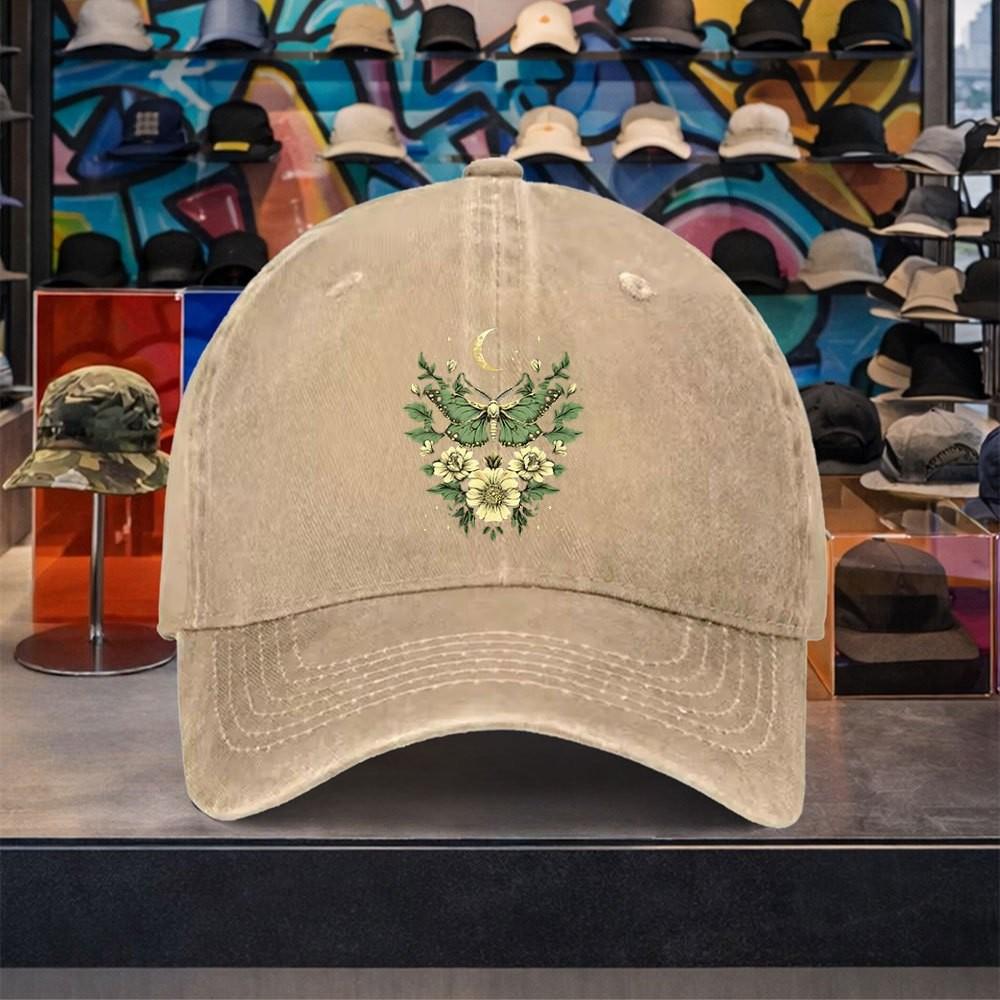 Moth Butterfly Moon Floral Baseball Cap Distressed Washed Cotton Adjustable Sun Hat Unisex Outdoor Travel