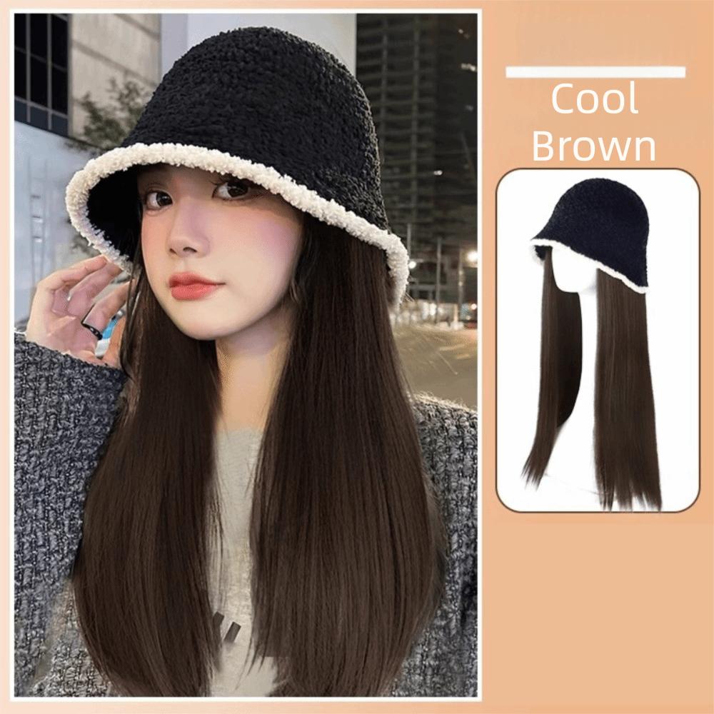 

Fashionable Knitted Fisherman Hat Wig Beanies Cap Long Curly Straight Hair Winter and Autumn Straight Cold Brown