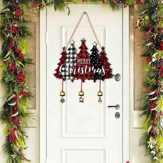 Festive Hanging Ornament Merry Christmas Wooden Wall Door Sign with Bells, Rustic Santa Snowman Indoor Holiday Party Supplies Tree Reindeer Decorative