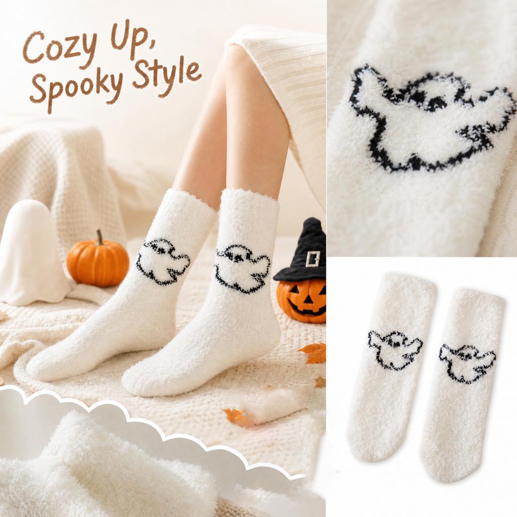 Damskie Grube Ciepłe Skarpety do Połowy Łydki z Zabawnym Uroczym Wzorem Halloweenowym do Przytulnego Domowego Ubrania