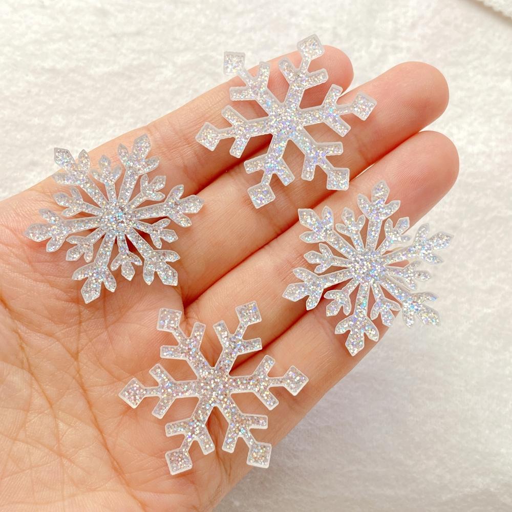 6PCS Colorful Glitter Silver Christmas Snowflakes Head Flat back Acrylic Sheet Miniature Pattern Applique DIY Decor Art Crafts