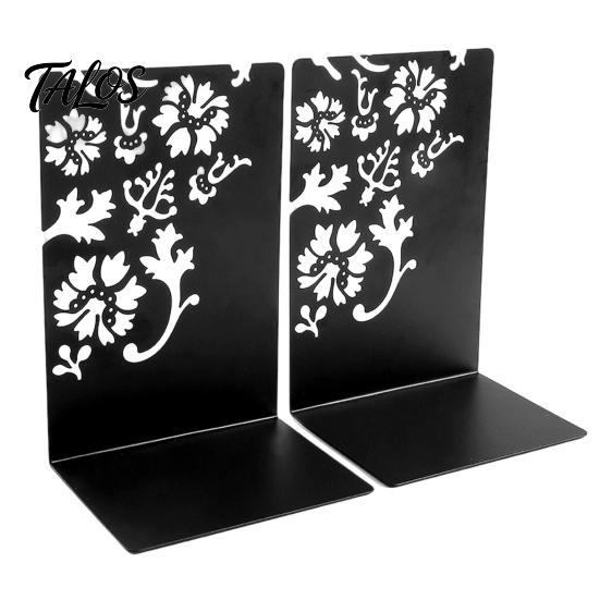 Compact Bookend 2PCS Metal Bookends, L-Shaped Reinforced Support Book Holder, with Non-Slip Large Capacity Holder Pads, Hollow Floral Design