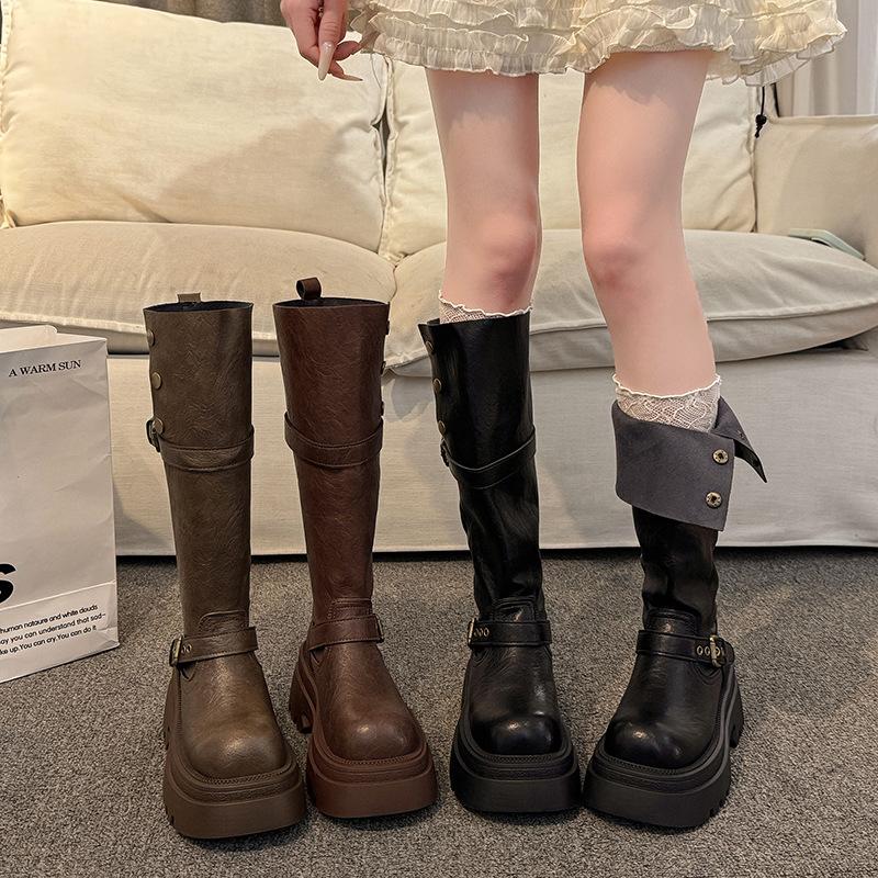 Fashion Versatile Women's British Style Thick-soled Heightening Small Martin Boots Plus Large Boots Heightening Boots Long Knight Boots