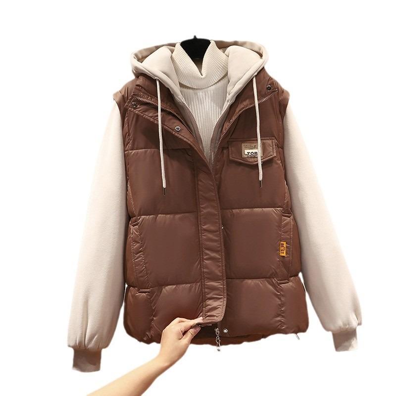 Splicing fake two-piece cotton jacket vest jacket women's autumn and winter new fashion hooded sweater jacket