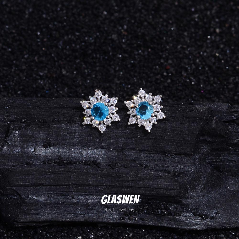 Boucles d'oreilles puces Flocon de neige Zircon bleu - Accessoire de luxe Automne/Hiver pour femmes