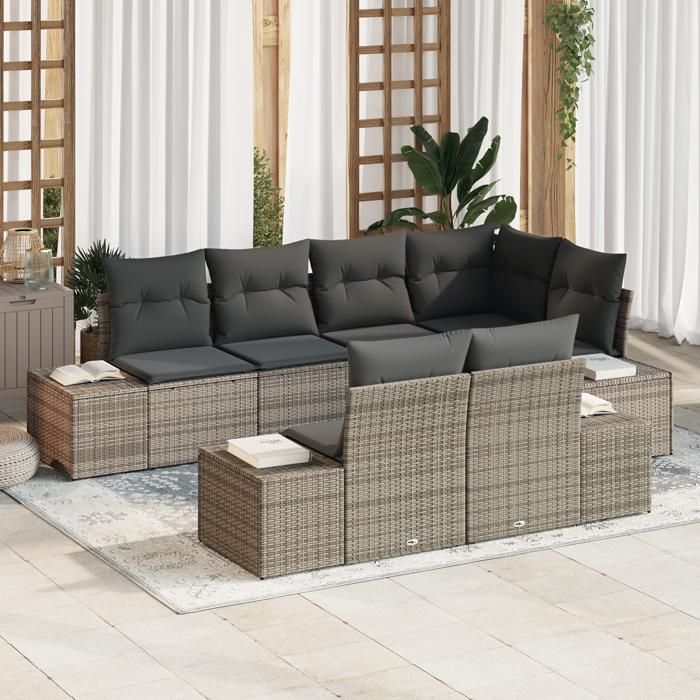 VidaXL Ensemble de canapé de jardin de 7 pièces avec coussins en polyrotin gris 3347099