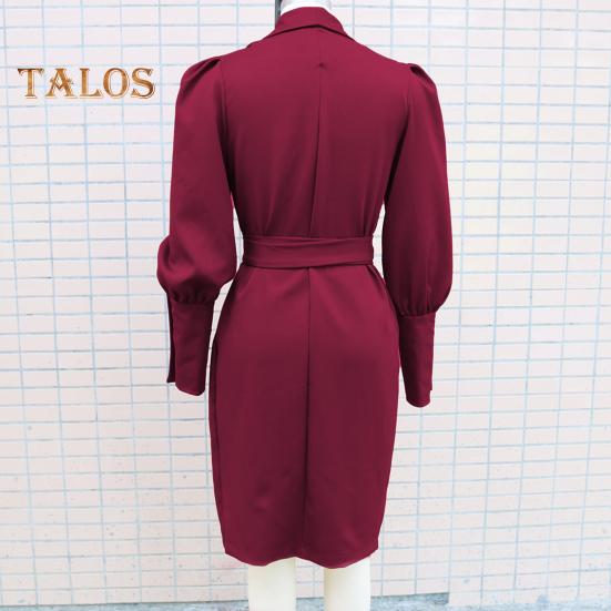 Moteriška formali suknelė verslo stiliaus atlenkiamu kaklu ilgomis rankovėmis vienspalvė liekninanti suvarstoma kryžiuota kardigano suknelė pavasarinė midi suknelė OL kelionėms į darbą