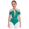 Girls Figure Skating Bodysuit Short Sleeve Cutout Back Sheer Mesh Patchwork Shiny Rhinestones Metallic Dancewear
