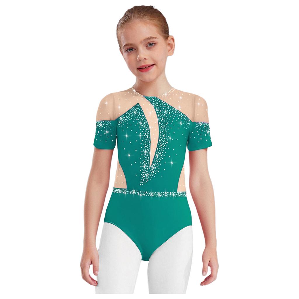 Girls Figure Skating Bodysuit Short Sleeve Cutout Back Sheer Mesh Patchwork Shiny Rhinestones Metallic Dancewear