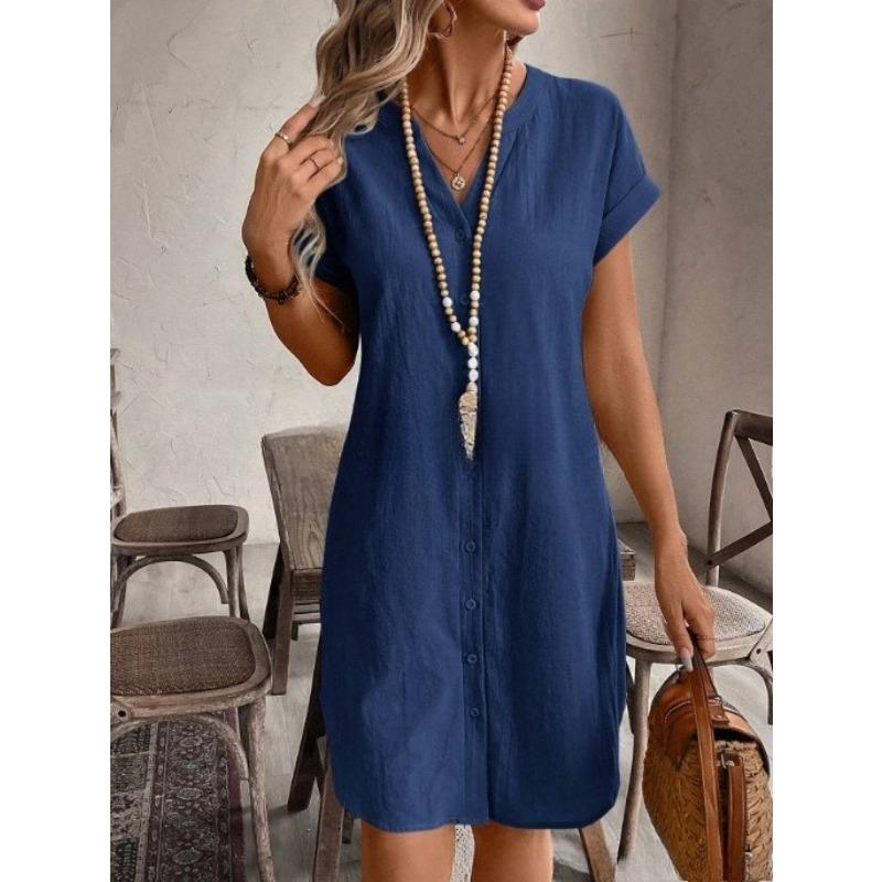 VEZFAA Abiti casual da donna, moda estate primavera, stampa tinta unita, manica corta, scollo a V, vita ampia