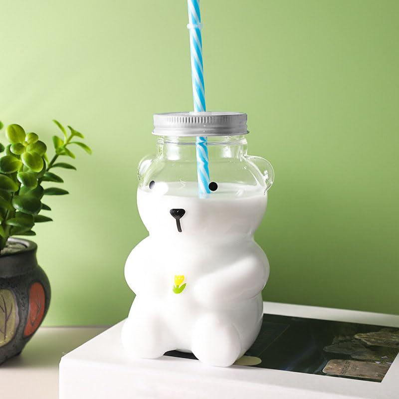 Bärchenbecher, Plastik-Honigbärchen-Trinkbecher mit Strohhalm, Plastikbecher mit Deckeln und Strohhalmen, Niedliche Tassen Bärchen-Trinklernbecher Kaffee Bier Wein