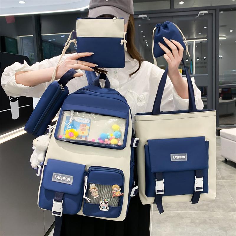 5pcs/set Kawaii School Bags for Teenage Girls Casual Canvas Large Capacity Student Bookbags Women Travel Backpack Shoulder Bags