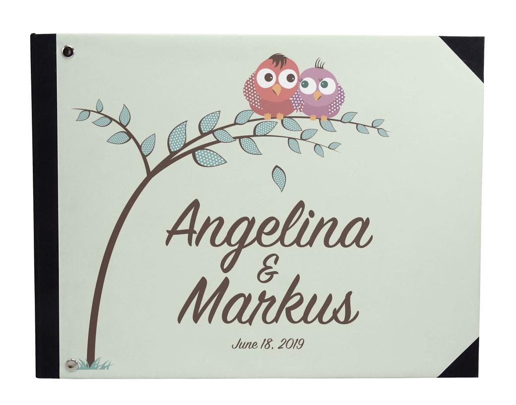 Darling Souvenir Blue Tree & Love Birds Cage Printed Wedding Guest Book Hardbound Cover Sign In Book Registry Scrapbook-7 x 9