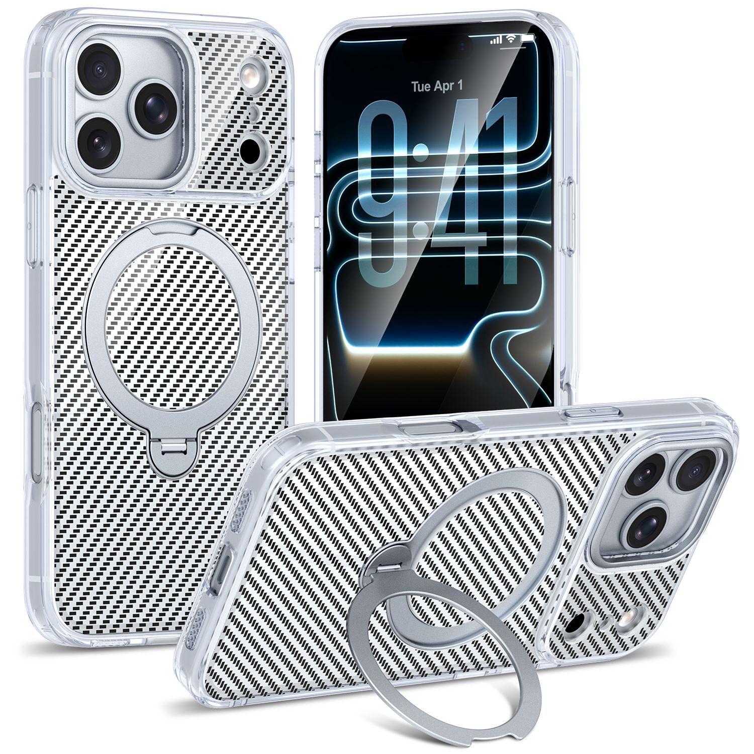 Applicable to Apple 17promax mobile phone case magnetic suction rotating bracket tpu carbon fiber pattern two-in-one anti-drop 16pro iphone17promax чёрный