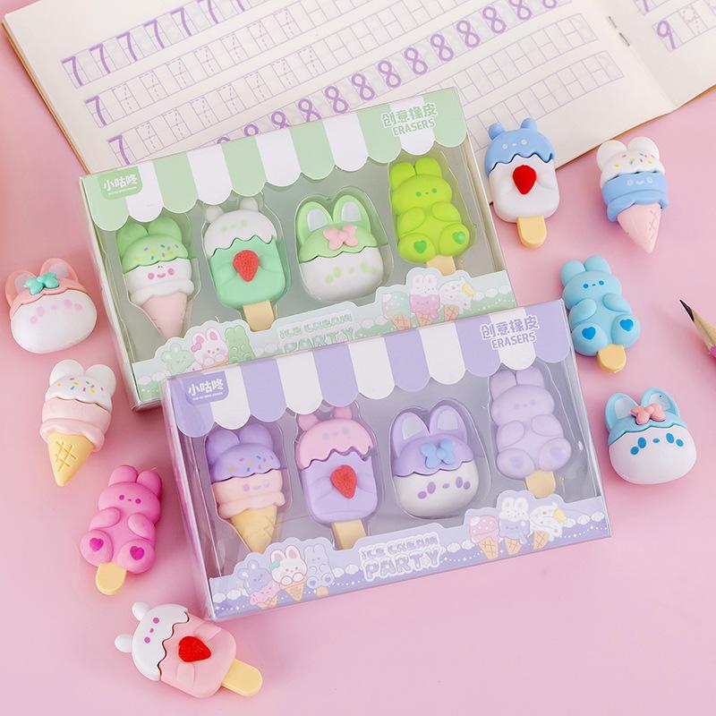 4Pcs/Set Cute Cartoon Girlish Pencil Eraser Kawaii Rabbit Ice Cream Boxed Rubber Student Gift Erasers for Kids Korean Stationery