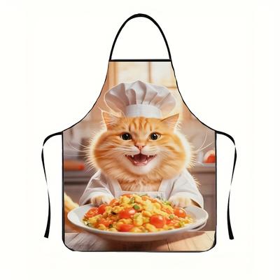 1pc Funny Cooking Cat Chef Apron for Men & Women - Polyester Kitchen Apron with Cute Ginger Cat Design, Cat Apron