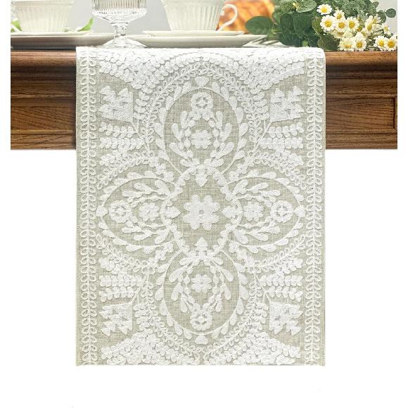 KEVA Boho Table Runner 72inches Long, Farmhouse Linen Table Runner, Rustic Vintage White Embroidered Table Runners 13x72 Inch for Dining Table 13x72in
