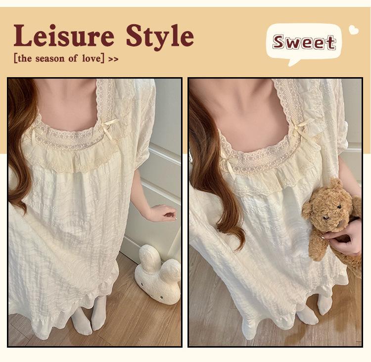 Women's Summer 2026 Cloud Cotton Nightgown with Bra Pads, Lace Trim, Short Sleeves, Long Length
