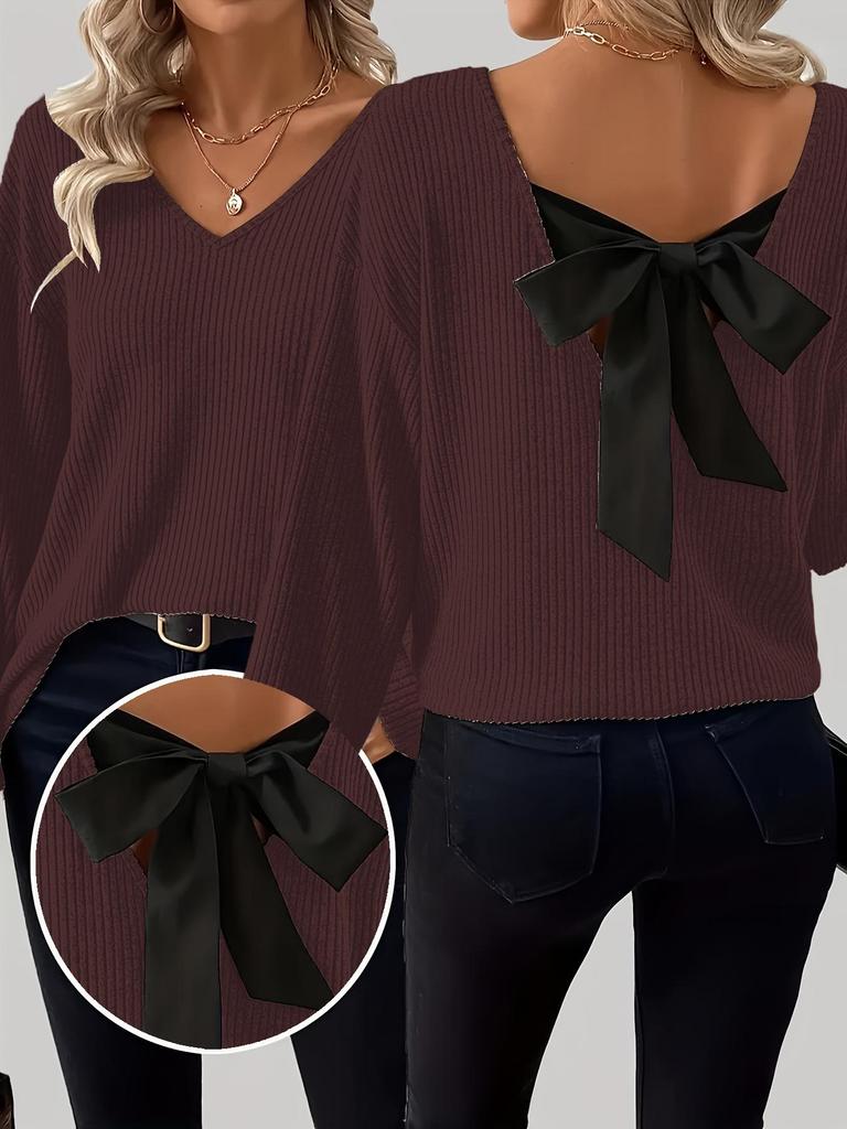 European & American Women's V-Neck Solid Sweater - Autumn Long Sleeve Casual Loose Bow Top