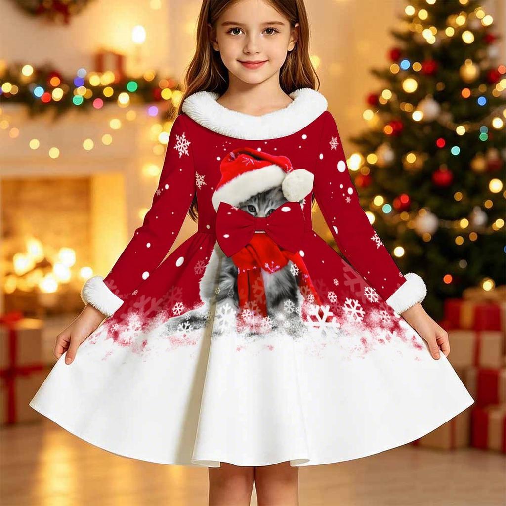 Kids Long Sleeve Christmas Dress, Merry Christmas Print Faux Fur Collar Bow Decor Princess Dresses for Girl Holiday Party Wear