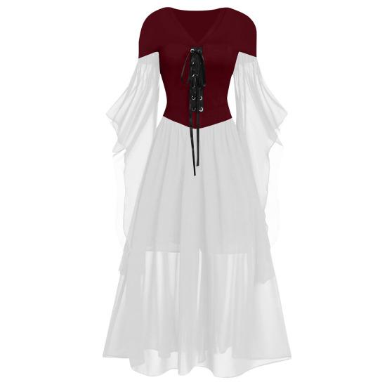 Damska sukienka cosplay w stylu gotyckim czarownica kostium na Halloween sznurowany pasek dekolt w szpic dopasowane kolory długie rękawy z rogami sukienka o linii A