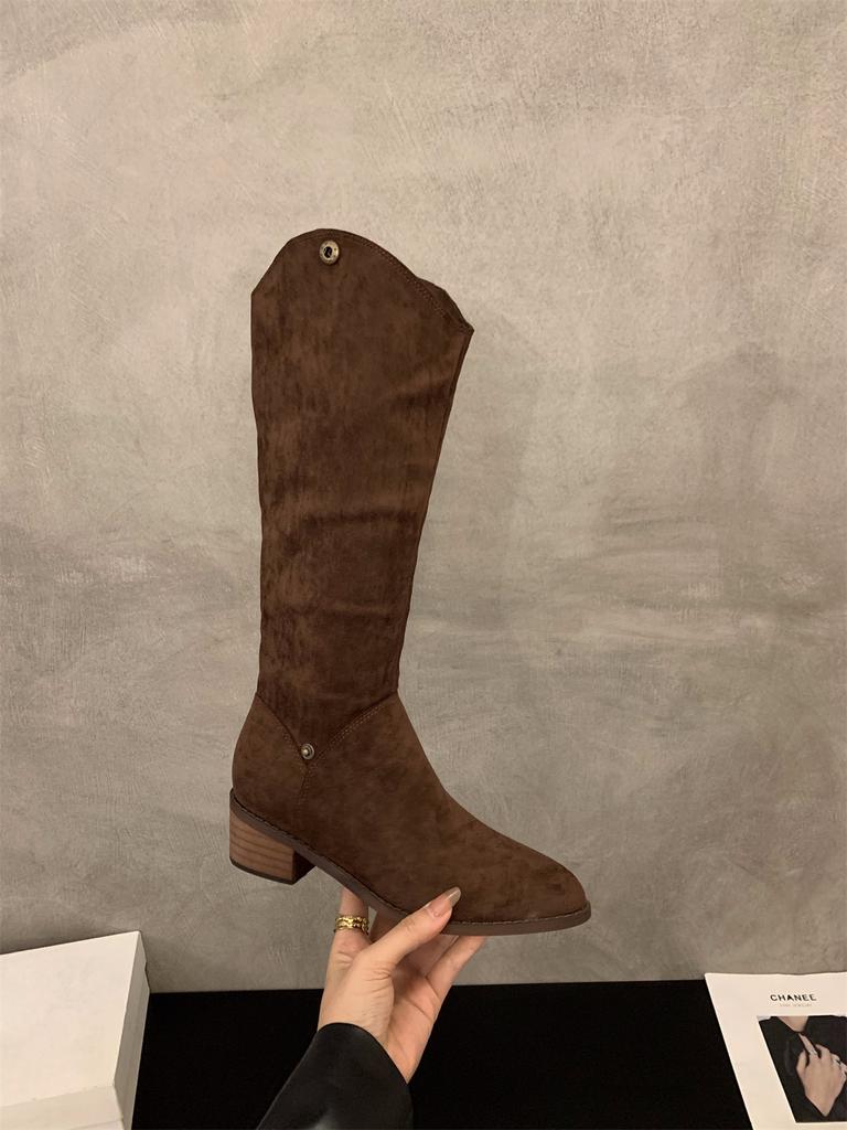 Coarse Heel V-mouth Skinny Boots Coffee Long Knight Boots Suede Pile Medium Long Boots