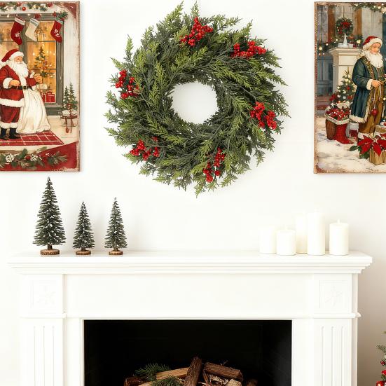 24 Inch Christmas Norfolk Pine Wreath for Front Door Artificial Greenery Cedar Wreath with Red Berry for Farmhouse Indoor Outdoor