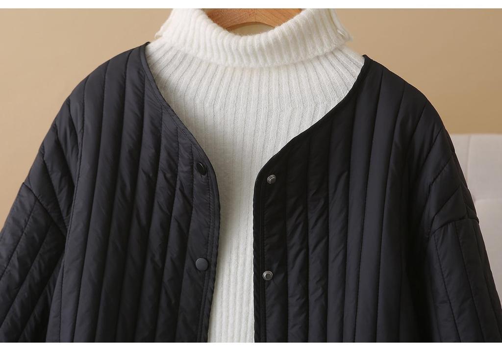 2025 Autumn/Winter Plus Size Striped Lightweight Cotton Jacket - Slimming Waist, Round Neck, Versatile Style for Women
