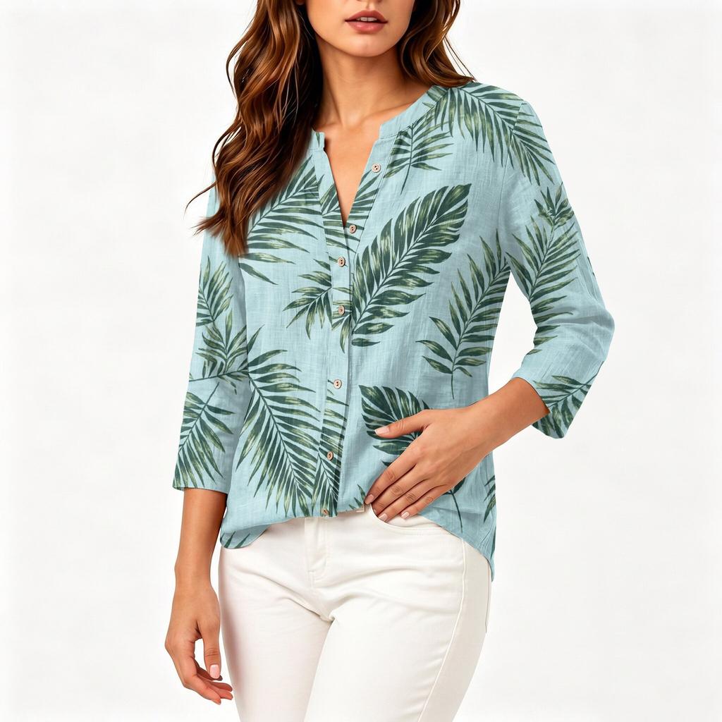 Women's Printed Cotton Linen Neck Shirt with Three-Quarter Sleeves