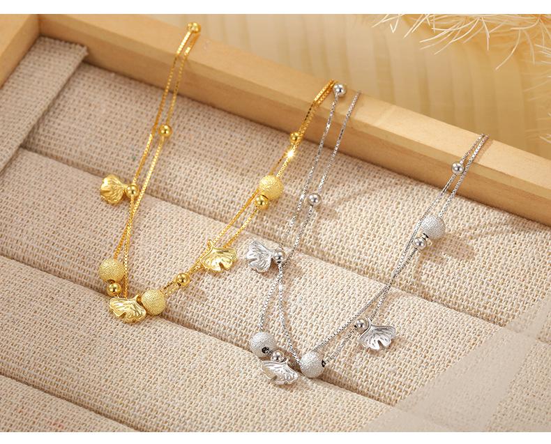 Banyan Tree S925 Silver Apricot Sand Bead & Ginkgo Leaf Double-Layer Anklet for Women