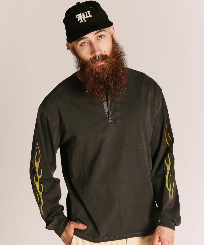 Schott FIRE PTTERN HENLEY LS T-SHIRT, Fire Pattern Henley Neck Long Tee, Men's, Size XL, 010, Black, 782-5230008