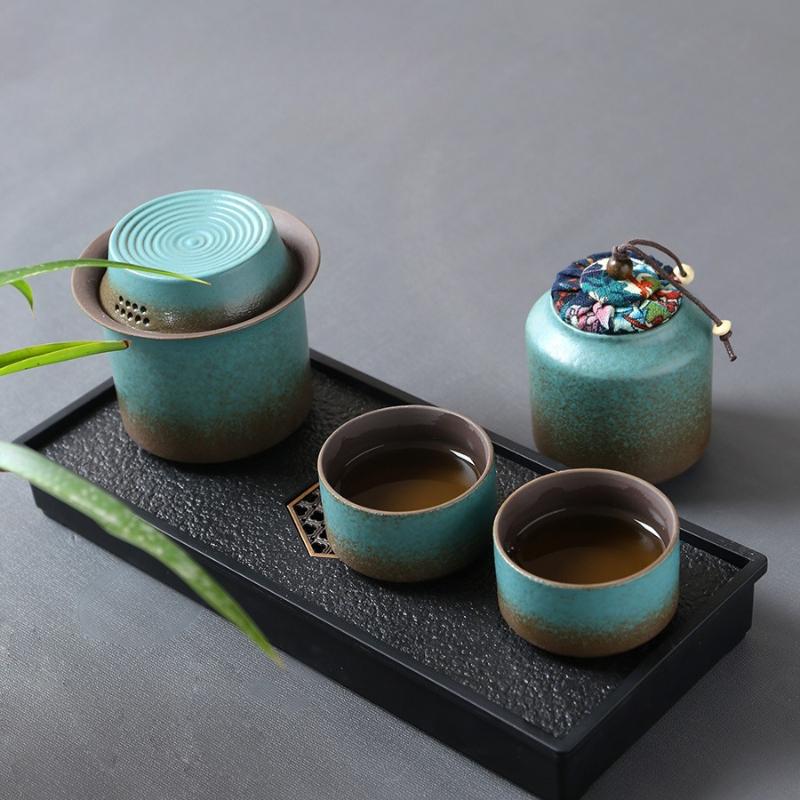 Zmiana pieca vintage wiosenna zieleń szorstka ceramika jeden czajnik 4 filiżanki pojemnik na herbatę prosty mały zestaw salon na świeżym powietrzu herbaciarnia